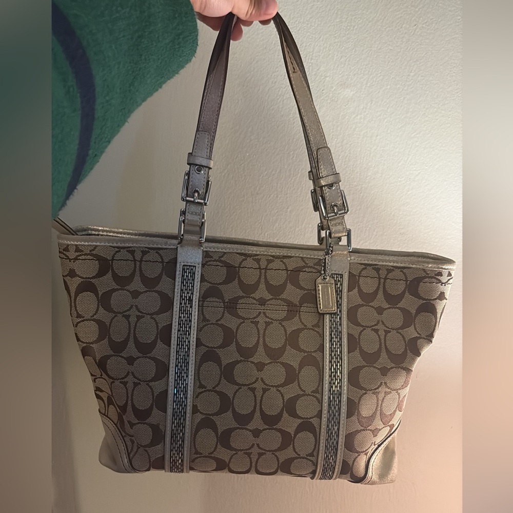 Vintage Coach Signature Gallery Beaded Brown and Silver Tote Bag